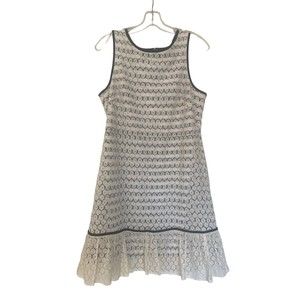 J. Taylor Navy Cream Striped Dress Sz 8 Lace Crochet Pleated Hem Nautical